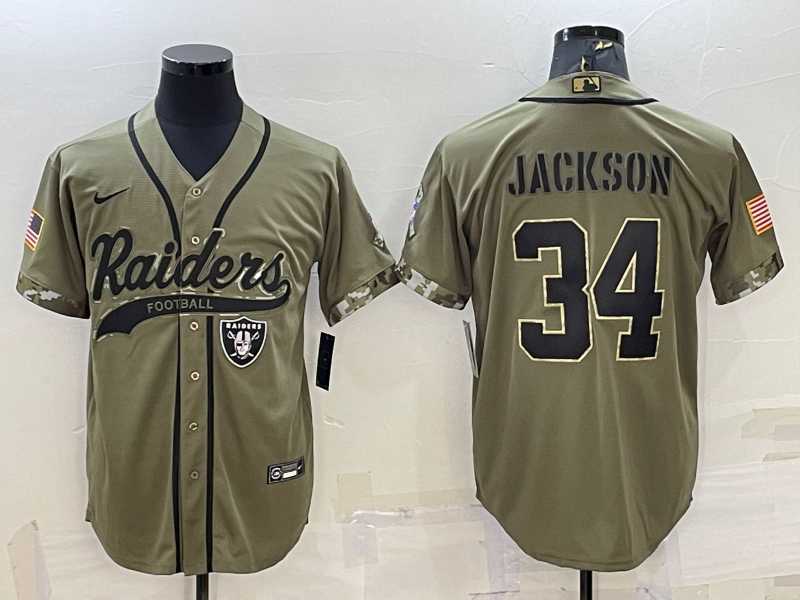 Men%27s Las Vegas Raiders #34 Bo Jackson 2022 Olive Salute to Service Cool Base Stitched Baseball Jersey